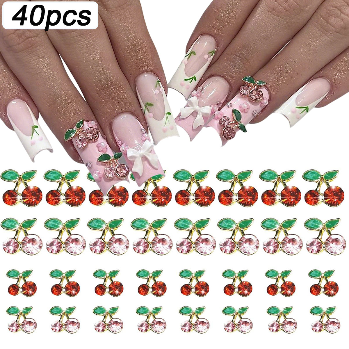Nail Art Red Cherry - 40 adet 3D Parlak Pembe ve