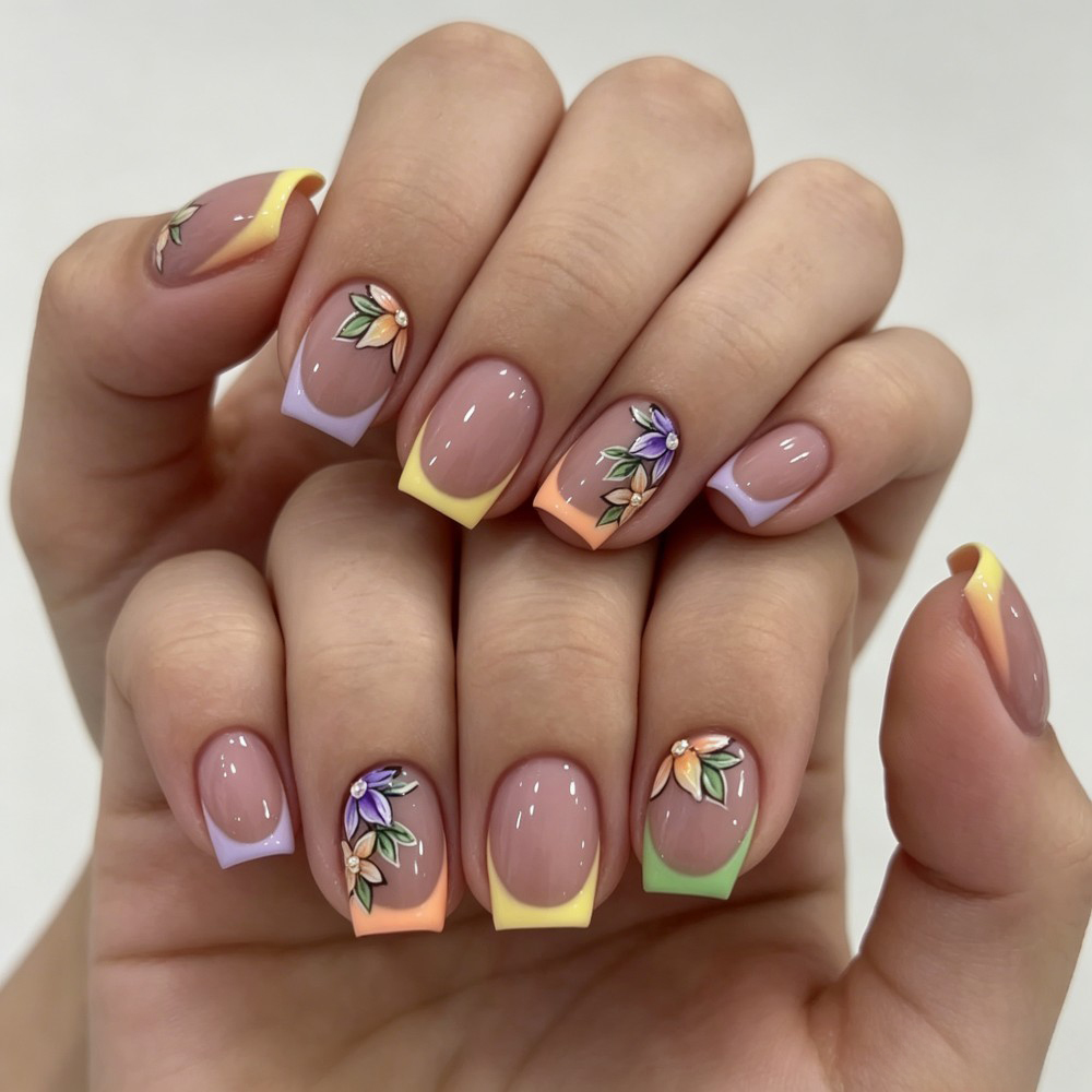 Press On Nail Set - 24 Adet Pembe Çiçek Desenli Fransız