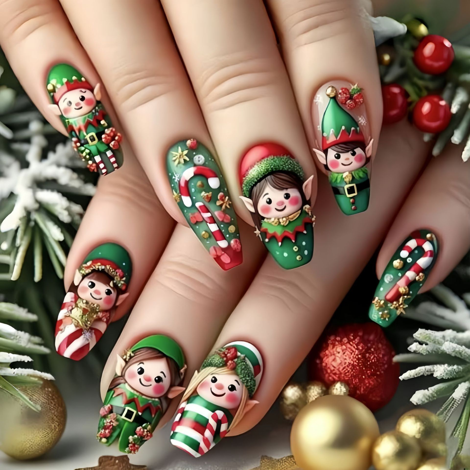 Press On Nail Set - Noel partisi kar taneleri, Noel ağacı,
