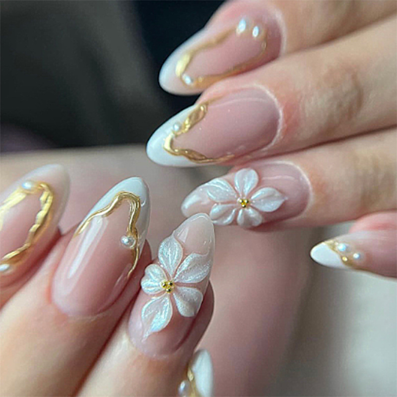 Nail Art Full Design - 24 Adet Çiçek Desenli Uzun Badem