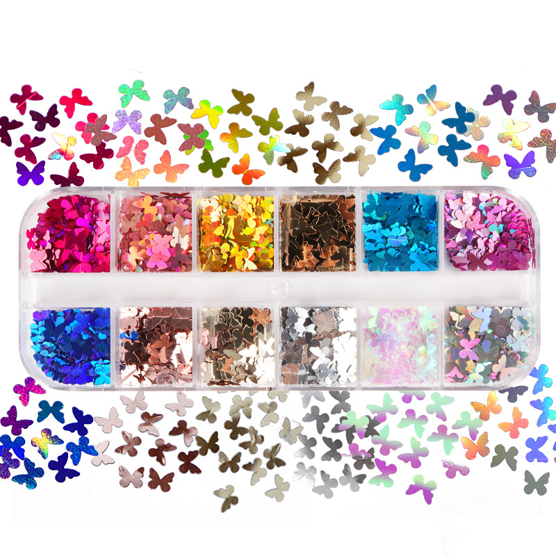 Nail Art Overlay - Mix renk floresan kelebek Glitter kirpik